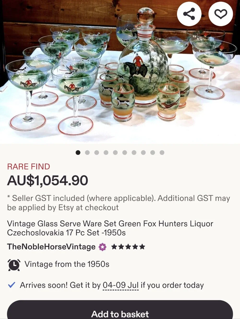 1930's Czechoslovakian Glass Decanter Set with Equestrian Scene and Red Trim.